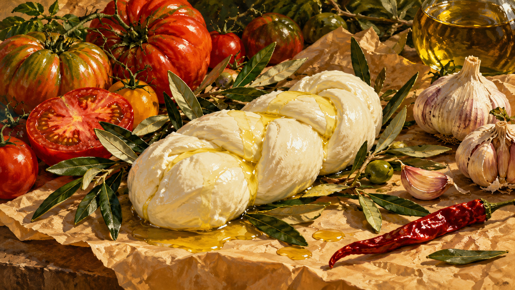 Illustration of braided fresh mozzarella with tomatoes, garlic, and olive oil on cream paper