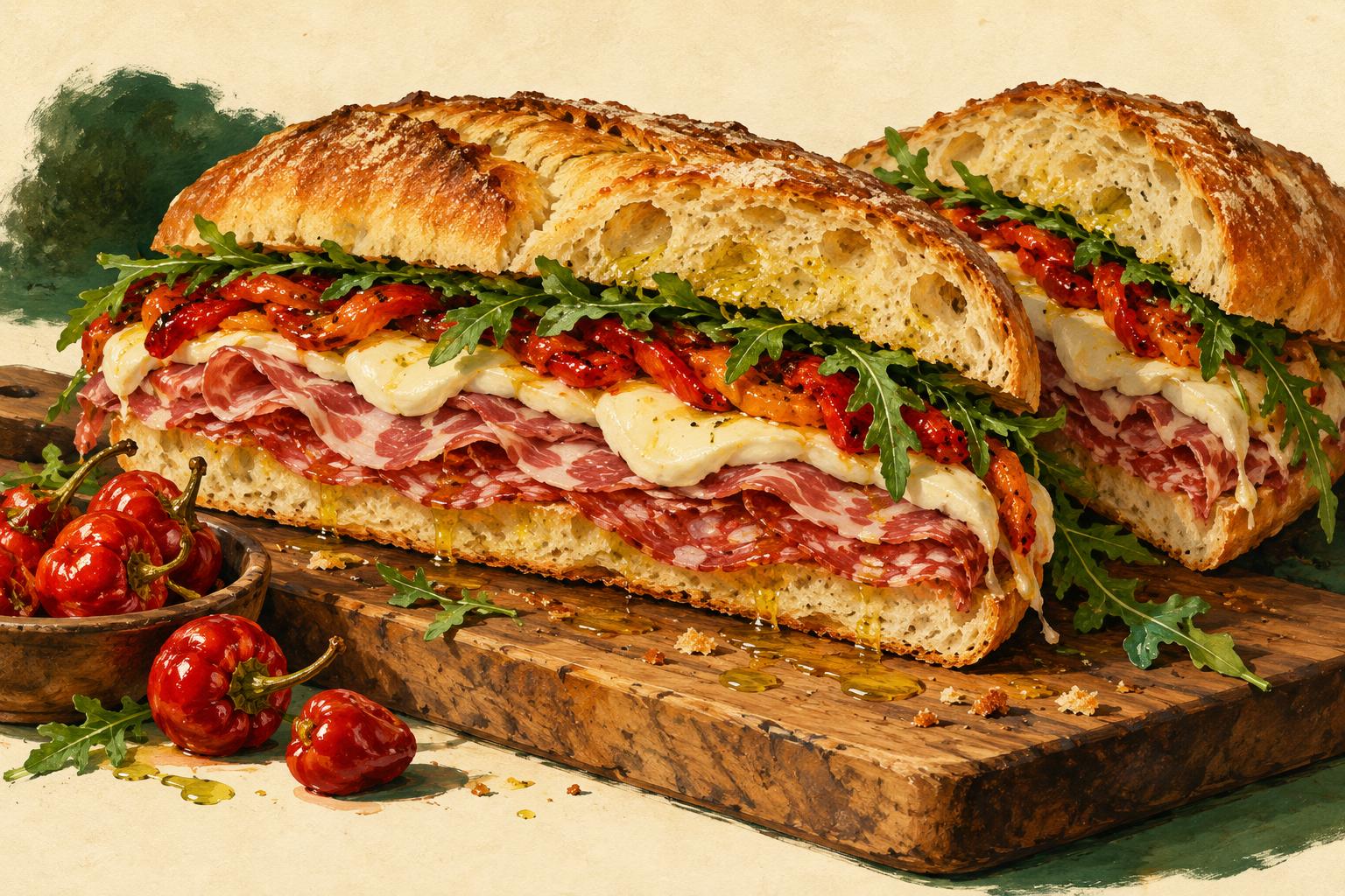 Illustration of an Italian hero cross-section with layered meats, mozzarella, peppers, and arugula